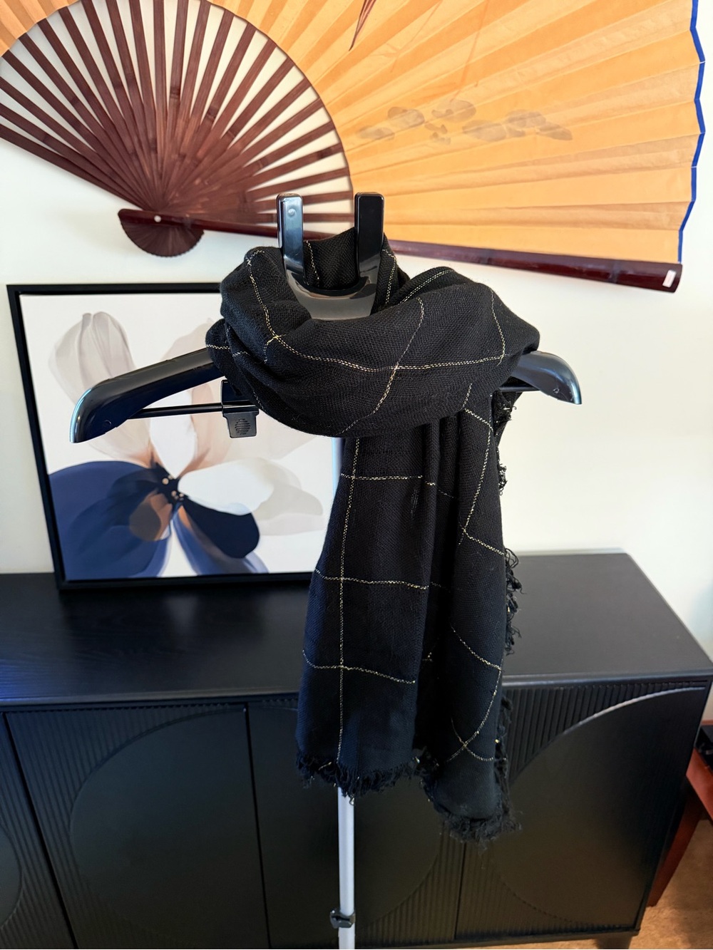 Barr & Beards Inc. Vintage 80’s Black and Gold Metallic Scarf/Wrap